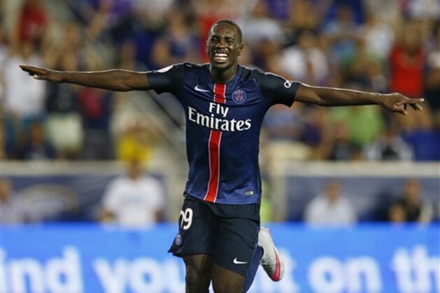 Paris Saint-Germain forward Jean-Kevin Augustin (29) celebrates his goal against Fiorentina in the first half during a soccer match in the International Champions Cup in Harrison N.J., Tuesday, July 21, 2015. Paris Saint-Germain won 4-2. (AP Photo/Rich Schultz)