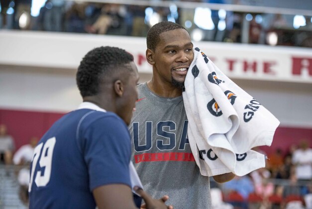 Jul 20, 2016; Las Vegas, NV, USA; USA guard Kevin Durant (5) talks with guard Victor Oladipo (79) during a practice at Mendenhall Center. Mandatory Credit: Joshua Dahl-USA TODAY Sports