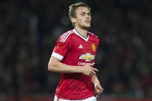 Manchester United's James Wilson during the English League Cup soccer match berween Manchester United and Middlesbrough at Old Trafford Stadium, Manchester, England, Wednesday Oct. 28, 2015. (AP Photo/Jon Super)