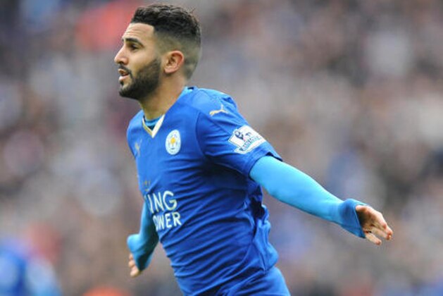 Leicesters Riyad Mahrez celebrates after scoring during he English Premier League soccer match between Leicester City and Swansea City at the King Power Stadium in Leicester, England, Sunday, April 24, 2016. (AP Photo/Rui Vieira)