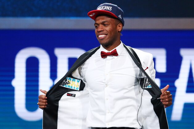 Jun 23, 2016; New York, NY, USA; Buddy Hield (Oklahoma) shows off the inside of his jacket after being selected as the number six overall pick to the New Orleans Pelicans in the first round of the 2016 NBA Draft at Barclays Center. Mandatory Credit: Jerry Lai-USA TODAY Sports