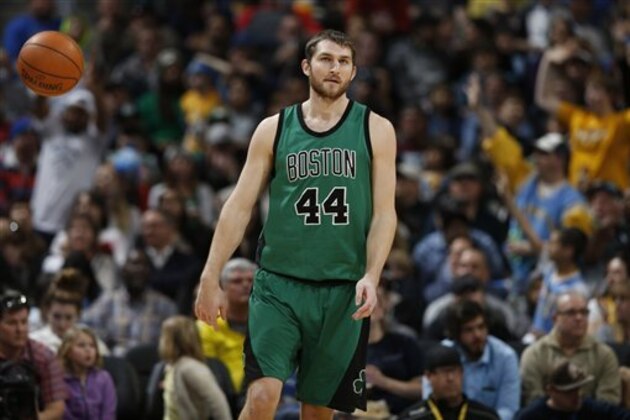 Boston Celtics center Tyler Zeller (44) in the second half of an NBA basketball game Sunday, Feb. 21, 2016, in Denver. Boston won 121-101. (AP Photo/David Zalubowski)