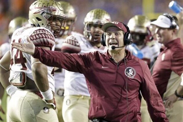 Florida State head coach Jimbo Fisher makes a plea to an official during the first half of an NCAA college football game against Florida, Saturday, Nov. 28, 2015, in Gainesville, Fla. (AP Photo/John Raoux)