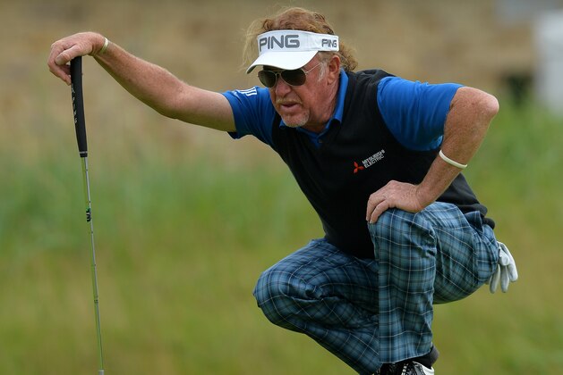 CARNOUSTIE, SCOTLAND - JULY 23: Miguel Angel Jimenez of Spain lines up a putt at the 18th during the third day of The Senior Open Championship at Carnoustie Golf Club on July 23, 2016 in Carnoustie, Scotland. (Photo by Mark Runnacles/Getty Images)