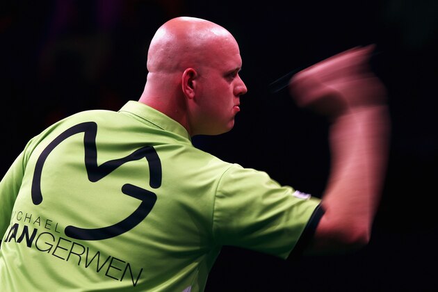 ROTTERDAM, NETHERLANDS - MAY 12:  Michael van Gerwen of the Netherlands plays a shot in his match against Phil 'The Power' Taylor of England during the Darts Betway Premier League Night 15 at Rotterdam Ahoy on May 12, 2016 in Rotterdam, .  (Photo by Dean Mouhtaropoulos/Getty Images)