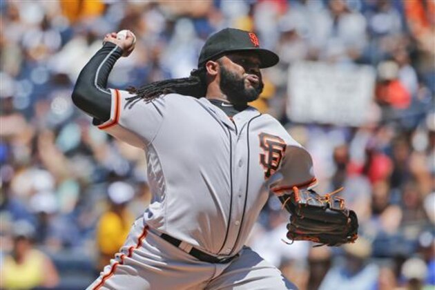 San Francisco Giants starter Johnny Cueto works against the San Diego Padres in the first inning of a baseball game Sunday, July 17, 2016, in San Diego. (AP Photo/Lenny Ignelzi)