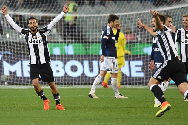Juventus' Carlos Blanco (R) and Grigoris Kastanos (L) celebrate the first goal during the International Champions Cup football match between Italy's Serie A team Juventus and Australia's A-league team Melbourne Victory in Melbourne on July 23, 2016.  / AFP / SAEED KHAN / IMAGE RESTRICTED TO EDITORIAL USE - STRICTLY NO COMMERCIAL USE        (Photo credit should read SAEED KHAN/AFP/Getty Images)