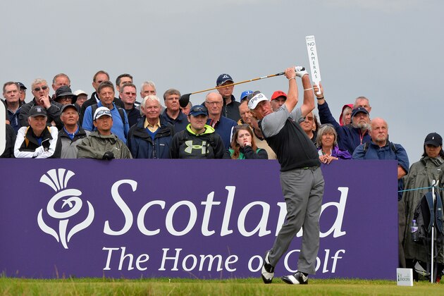 CARNOUSTIE, SCOTLAND - JULY 24: Miguel Angel Jimenez of Spain tee shot to the 4th hole during the final day of The Senior Open Championship at Carnoustie Golf Club on July 24, 2016 in Carnoustie, Scotland. (Photo by Mark Runnacles/Getty Images)