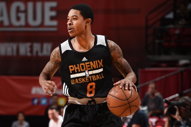 LAS VEGAS, NV - JULY 16: Tyler Ulis #8 of Phoenix Suns defends the ball against the Denver Nuggets during the 2016 NBA Las Vegas Summer League on July 16, 2016 at Thomas & Mack Center in Las Vegas, Nevada. NOTE TO USER: User expressly acknowledges and agrees that, by downloading and or using this Photograph, user is consenting to the terms and conditions of the Getty Images License Agreement. Mandatory Copyright Notice: Copyright 2016 NBAE (Photo by Garrett Ellwood/NBAE via Getty Images)