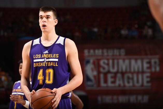 LAS VEGAS, NV - JULY 8: Ivica Zubac #40 of the Los Angeles Lakers shoots against the New Orleans Pelicans during the 2016 Las Vegas Summer League game on July 8, 2016 at Thomas and Mack Center in Las Vegas, Nevada. NOTE TO USER: User expressly acknowledges and agrees that, by downloading and or using this Photograph, user is consenting to the terms and conditions of the Getty Images License Agreement. Mandatory Copyright Notice: Copyright 2016 NBAE (Photo by Garrett Ellwood/NBAE via Getty Images)