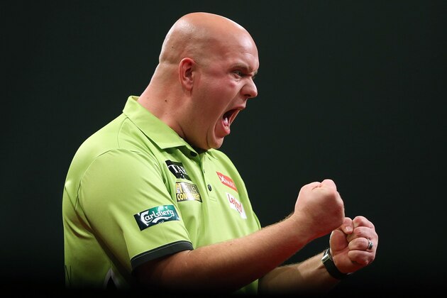AUCKLAND, NEW ZEALAND - AUGUST 29: Michael Van Gerwen celebrates during the Auckland Darts Masters at The Trusts Arena on August 29, 2015 in Auckland, New Zealand.  (Photo by Michael Bradley/Getty Images)