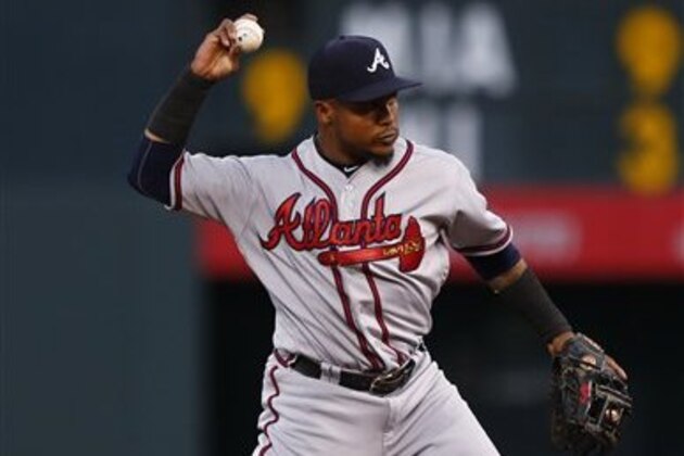 Atlanta Braves shortstop Erick Aybar throws to first during the fifth inning of a baseball game, Thursday, July 21, 2016, in Denver. (AP Photo/Jack Dempsey)