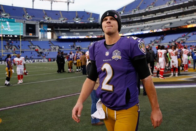 BALTIMORE, MD - DECEMBER 20: Quarterback Jimmy Clausen #2 of the Baltimore Ravens walks off the field following the Ravens 34-14 loss to the Kansas City Chiefs at M&T Bank Stadium on December 20, 2015 in Baltimore, Maryland.  (Photo by Rob Carr/Getty Images)