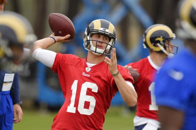 Los Angeles Rams quarterback Jared Goff, left, passes the ball as Los Angeles Rams quarterback Case Keenum also passes during NFL football practice, Tuesday, June 14, 2016, in Oxnard, Calif. (AP Photo/Mark J. Terrill)