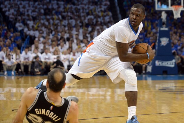 May 6, 2016; Oklahoma City, OK, USA; Oklahoma City Thunder guard Dion Waiters (3) commits an offensive foul agains tSan Antonio Spurs guard Manu Ginobili (20) during the first quarter in game three of the second round of the NBA Playoffs at Chesapeake Energy Arena. Mandatory Credit: Mark D. Smith-USA TODAY Sports