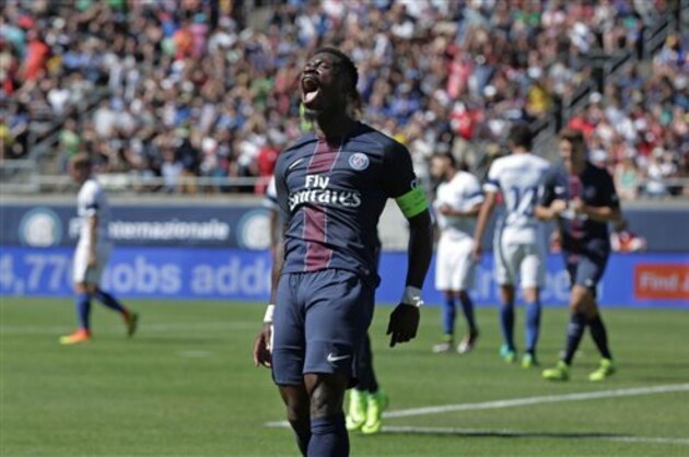 IMAGE DISTRIBUTED FOR INTERNATIONAL CHAMPIONS CUP - Paris Saint-Germain's Serge Aurier, center, celebrates during the match against Inter Milano during the second half of the International Championships Cup on Sunday, July 24, 2016, in Eugene, Ore. (Charlie Litchfield/AP Images for International Champions Cup)