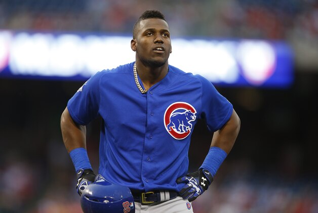 PHILADELPHIA, PA - JUNE 06: Jorge Soler #68 of the Chicago Cubs reacts after he injures himself while running to first base and beating the throw for a single against the Philadelphia Phillies in the third inning of a game at Citizens Bank Park on June 6, 2016 in Philadelphia, Pennsylvania. Soler left the game with a hamstring injury. (Photo by Rich Schultz/Getty Images)