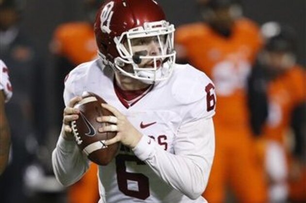 Oklahoma quarterback Baker Mayfield (6) is pictured during an NCAA college football game between Oklahoma and Okalhoma State in Stillwater, Okla., Monday, Nov. 30, 2015. Oklahoma won 58-23. (AP Photo/Sue Ogrocki)