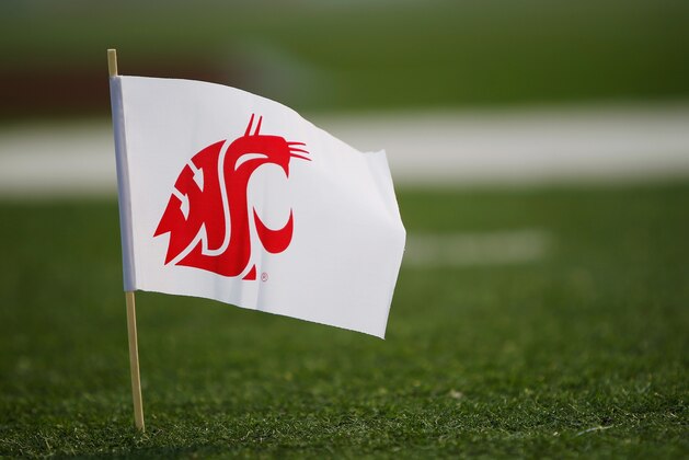 PULLMAN, WA - SEPTEMBER 22:  A miniature flag with the Washington State Cougars logo on the field before the game against the Colorado Buffaloes at Martin Stadium on September 22, 2012 in Pullman, Washington.  (Photo by William Mancebo/Getty Images)