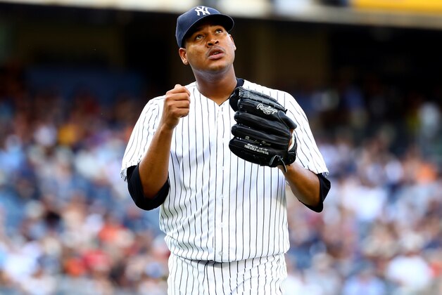 NEW YORK, NY - JULY 23:  Ivan Nova #47 of the New York Yankees celebrates in the seventh inning against the San Francisco Giants on July 23, 2016 at Yankee Stadium in the Bronx borough of New York City.  (Photo by Elsa/Getty Images)