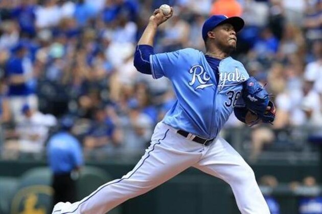 Kansas City Royals starting pitcher Edinson Volquez delivers to a Seattle Mariners batter during the first inning of a baseball game at Kauffman Stadium in Kansas City, Mo., Saturday, July 9, 2016. (AP Photo/Orlin Wagner)