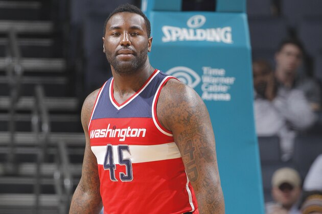 CHARLOTTE, NC - MARCH 9: DeJuan Blair #45 of the Washington Wizards looks on during the game against the Charlotte Hornets on March 9, 2015 at Time Warner Cable Arena in Charlotte, North Carolina. NOTE TO USER: User expressly acknowledges and agrees that, by downloading and or using this Photograph, user is consenting to the terms and condition of the Getty Images License Agreement.  (Photo by Rocky Widner/Getty Images)