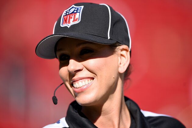 SANTA CLARA, CA - NOVEMBER 29:  NFL line judge, Sarah Thomas #53 looks on during pregame warm ups prior to the start of an NFL game between the Arizona Cardinals and San Francisco 49ers at Levi's Stadium on November 29, 2015 in Santa Clara, California.  (Photo by Thearon W. Henderson/Getty Images)