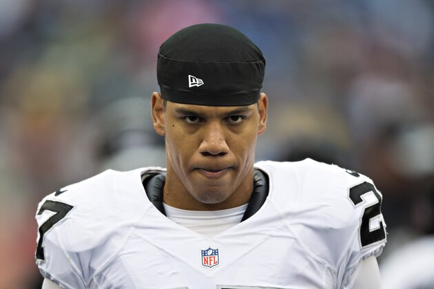 NASHVILLE, TN - NOVEMBER 29:  Taylor Mays #27 of the Oakland Raiders on the sidelines during a game against the Tennessee Titans at Nissan Stadium on November 29, 2015 in Nashville, Tennessee.  The Raiders defeated the Titans 24-21.  (Photo by Wesley Hitt/Getty Images)