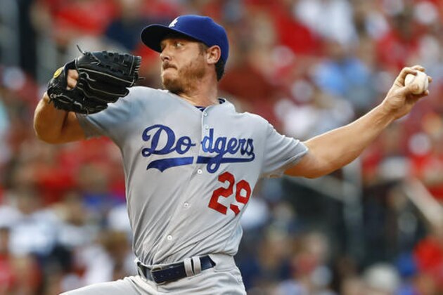 Los Angeles Dodgers starting pitcher Scott Kazmir throws during the first inning of a baseball game against the St. Louis Cardinals, Sunday, July 24, 2016, in St. Louis. (AP Photo/Billy Hurst)