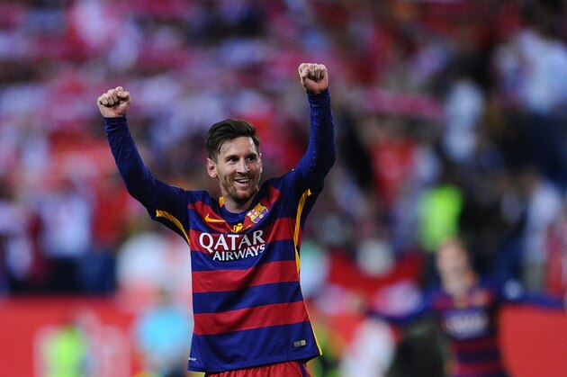 MADRID, SPAIN - MAY 22:  Lionel Messi of FC Barcelona celebrates after his team beat Sevilla 2-0 in the Copa del Rey Final between Barcelona and Sevilla at Vicente Calderon Stadium    on May 22, 2016 in Madrid, Spain.  (Photo by Denis Doyle/Getty Images)