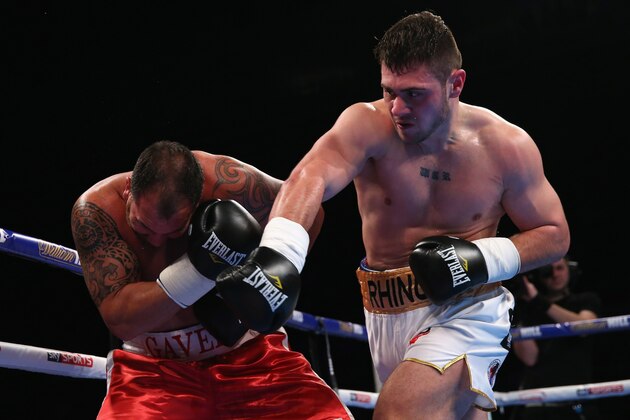 SHEFFIELD, ENGLAND - MARCH 26:  David Allen lands a right shot on Jason Gavern during the Heavyweight Contest between David Allen and Jason Gavern at Sheffield Arena on March 26, 2016 in Sheffield, England.  (Photo by Alex Livesey/Getty Images)