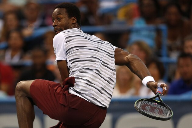 WASHINGTON, DC - JULY 22: Gael Monfils of France returns a shot to Sam Querrey of the United States of America during day 5 of the Citi Open at Rock Creek Tennis Center on July 22, 2016 in Washington, DC. (Photo by Matt Hazlett/Getty Images)
