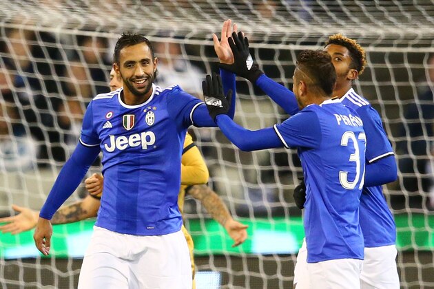 MELBOURNE, AUSTRALIA - JULY 26:  XX Medhi Benatia of Juventus FC celebrates after scoring a goal during the 2016 International Champions Cup match between Juventus FC and Tottenham Hotspur at Melbourne Cricket Ground on July 26, 2016 in Melbourne, Australia.  (Photo by Scott Barbour/Getty Images)
