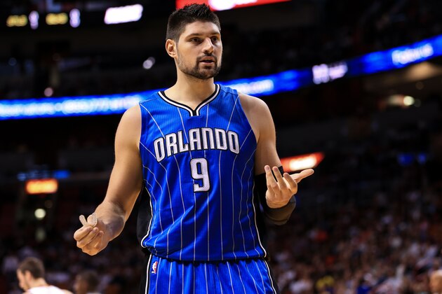 MIAMI, FLORIDA - APRIL 10: Nikola Vucevic #9 of the Orlando Magic reacts during the first half of the game against the Miami Heat at the American Airlines Arena on April 10, 2016 in Miami, Florida. NOTE TO USER: User expressly acknowledges and agrees that, by downloading and or using this photograph, User is consenting to the terms and conditions of the Getty Images License Agreement. (Photo by Rob Foldy/Getty Images)
