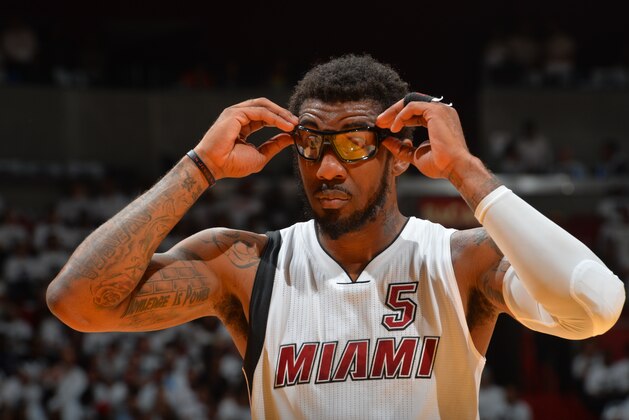 MIAMI,FL - APRIL 20:  Amar'e Stoudemire #5 of the Miami Heat looks on against the Charlotte Hornets during the Eastern Conference playoffs First Round Game Two on April 20, 2016 at the American Airlines Arena in Miami, Florida. NOTE TO USER: User expressly acknowledges and agrees that, by downloading and/or using this Photograph, user is consenting to the terms and conditions of the Getty Images License Agreement. Mandatory Copyright Notice: Copyright 2016 NBAE (Photo by Jesse D. Garrabrant/NBAE via Getty Images)
