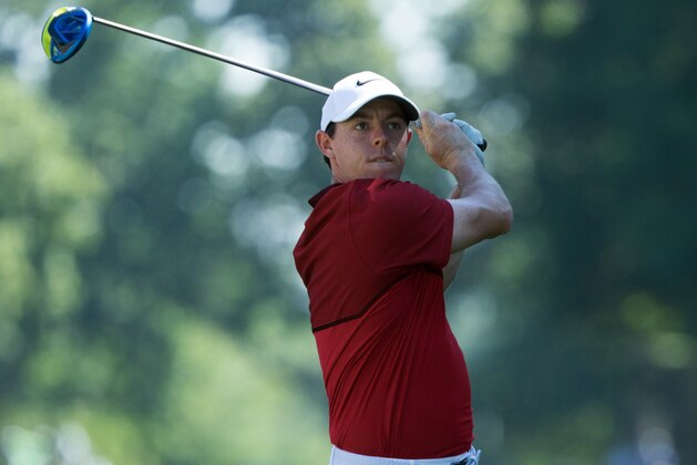 Jul 26, 2016; Springfield, NJ, USA; Rory McIlroy plays his shot from the sixth tee during a practice round for the 2016 PGA Championship golf tournament at Baltusrol GC - Lower Course. Mandatory Credit: Bill Streicher-USA TODAY Sports
