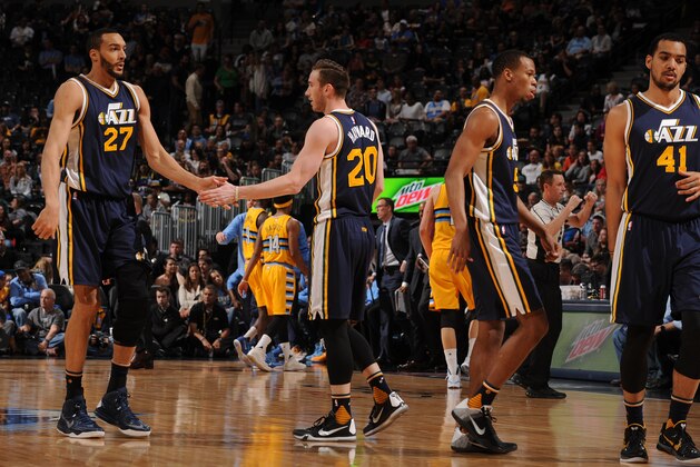 DENVER, CO  - APRIL 10: Rudy Gobert #27 of the Utah Jazz high fives teammates during the game against the Denver Nuggets on April 10, 2016 at Pepsi Center in Denver, Colorado. NOTE TO USER: User expressly acknowledges and agrees that, by downloading and or using this Photograph, user is consenting to the terms and conditions of the Getty Images License Agreement. Mandatory Copyright Notice: Copyright 2016 NBAE (Photo by Bart Young/NBAE via Getty Images)