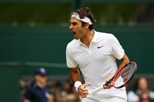 LONDON, ENGLAND - JULY 08:  Roger Federer of Switzerland celebrates during the Men's Singles Semi Final match against Milos Raonic of Canada on day eleven of the Wimbledon Lawn Tennis Championships at the All England Lawn Tennis and Croquet Club on July 8, 2016 in London, England.  (Photo by Shaun Botterill/Getty Images)