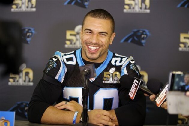 Carolina Panthers free safety Kurt Coleman (20) smiles as he answers question during a press conference Tuesday, Feb. 2, 2016 in San Jose, Calif. Carolina plays the Denver Broncos in the NFL Super Bowl 50 football game Sunday, Feb. 7, 2015, in Santa Clara, Calif. (AP Photo/Marcio Jose Sanchez)