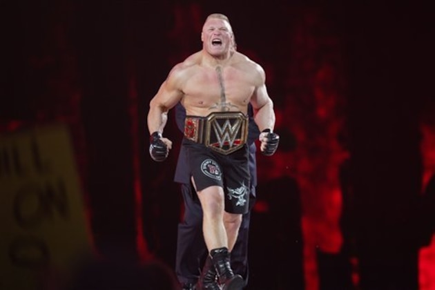Brock Lesnar makes his entrance at Wrestlemania XXXI, on Sunday, March 29, 2015 in Santa Clara, CA. 2015 marks the first year Wrestlemania will be held in the San Francisco Bay Area, being made available to viewers in 177 countries via the WWE Network. (Don Feria/AP Images for WWE)