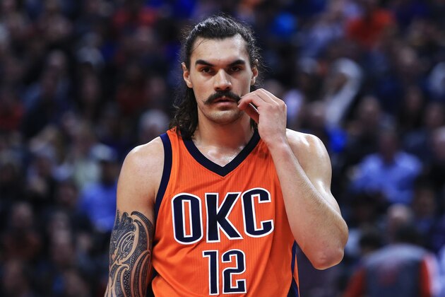 TORONTO, ON - MARCH 28:  Steven Adams #12 of the Oklahoma City Thunder twists his moustache during the first half of an NBA game against the Toronto Raptors at the Air Canada Centre on March 28, 2016 in Toronto, Ontario, Canada.  NOTE TO USER: User expressly acknowledges and agrees that, by downloading and or using this photograph, User is consenting to the terms and conditions of the Getty Images License Agreement.  (Photo by Vaughn Ridley/Getty Images)