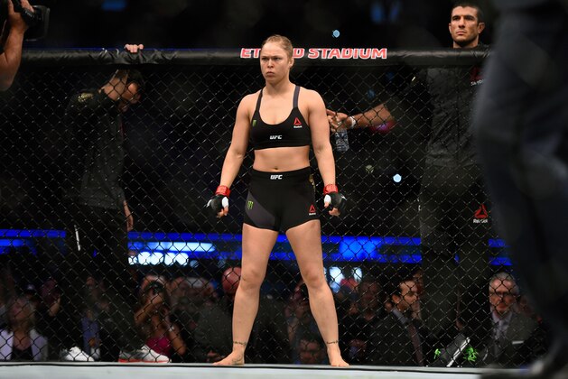 MELBOURNE, AUSTRALIA - NOVEMBER 15:  Ronda Rousey waits in her corner before facing Holly Holm in their women's bantamweight championship bout during the UFC 193 event at Etihad Stadium on November 15, 2015 in Melbourne, Australia. (Photo by Jeff Bottari/Zuffa LLC/Zuffa LLC via Getty Images)