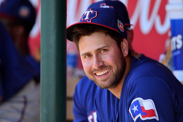 TEMPE, AZ - MARCH 13:  Joey Gallo #13 of the Texas Rangers smiles in the dugout during the spring training game against the Los Angeles Angels at Tempe Diablo Stadium on March 13, 2016 in Tempe, Arizona.  (Photo by Jennifer Stewart/Getty Images)