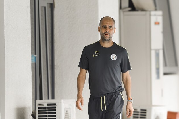 BEIJING, CHINA - JULY 24:  Manchester City's manager Pep Guardiola attends the pre-game training ahead of the 2016 International Champions Cup match between Manchester City and Manchester United at Olympic Sports Center Stadium on July 24, 2016 in Beijing, China.  (Photo by Lintao Zhang/Getty Images)