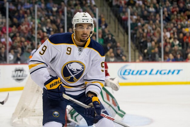 Jan 12, 2016; Saint Paul, MN, USA; Buffalo Sabres forward Evander Kane (9) in the first period against the Minnesota Wild at Xcel Energy Center. Mandatory Credit: Brad Rempel-USA TODAY Sports