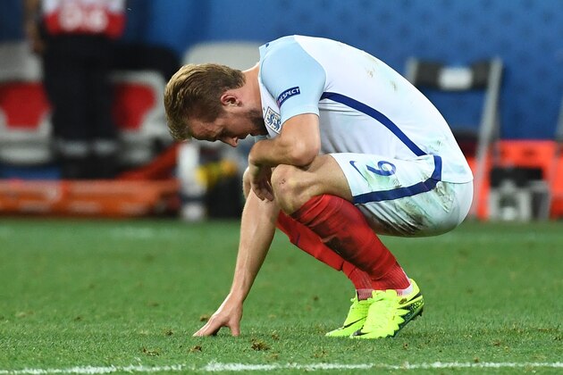 England's forward Harry Kane reacts after the Euro 2016 round of 16 football match between England and Iceland at the Allianz Riviera stadium in Nice on June 27, 2016. / AFP / ANNE-CHRISTINE POUJOULAT        (Photo credit should read ANNE-CHRISTINE POUJOULAT/AFP/Getty Images)