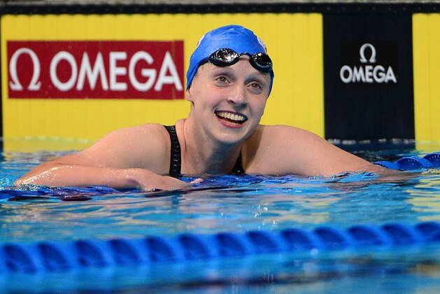 OMAHA, NE - JUNE 27:  Katie Ledecky of the United States celebrates after winning a final heat of the Women's 400 Meter Freestyle during Day 2 of the 2016 U.S. Olympic Team Swimming Trials at CenturyLink Center on June 27, 2016 in Omaha, Nebraska.  (Photo by Jeff Curry/Getty Images)
