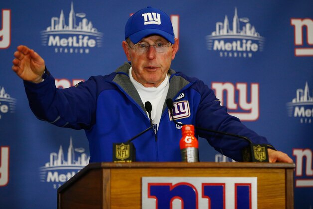 EAST RUTHERFORD, NJ - JANUARY 03:  Head coach Tom Coughlin of the New York Giants speaks to the media after their loss to the Philadelphia Eagles at MetLife Stadium on January 3, 2016 in East Rutherford, New Jersey.  (Photo by Al Bello/Getty Images)