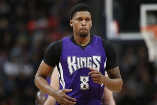 Sacramento Kings forward Rudy Gay (8) in the second half of an NBA basketball game Saturday, April 2, 2016, in Denver. Sacramento won 115-106. (AP Photo/David Zalubowski)