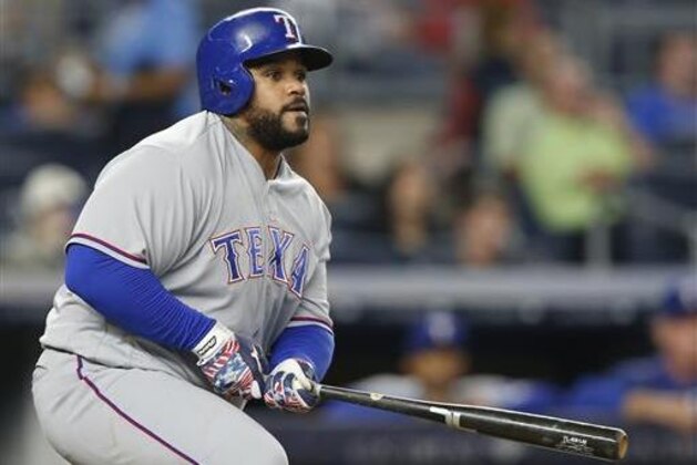 FILE - In this Tuesday, June 28, 2016 file photo Texas Rangers' Prince Fielder watches his eighth-inning RBI double during a baseball game against the New York Yankees in New York.  Texas Rangers slugger Prince Fielder is facing the prospect of season-ending neck surgery after an MRI revealed a herniated disk just above an area that was repaired two years ago, Wednesday, July 20, 2016. (AP Photo/Kathy Willens, File)
